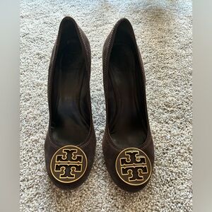 Tory Burch Dark Brown Suede Logo Round-Toe Wedges